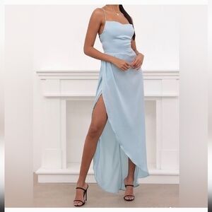 Lucy in the Sky-Blue Satin Maxi Dress with Slit-Open Back-Corset Lace Up-Sz S/M